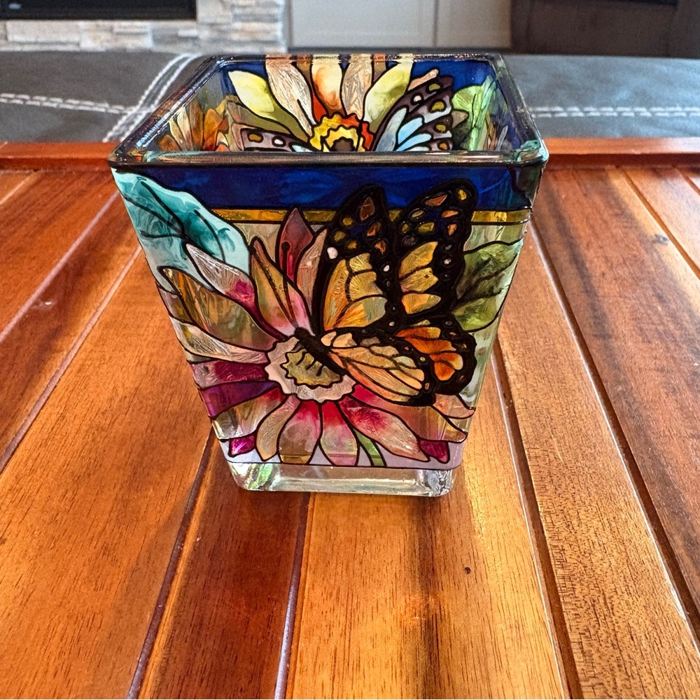 Hand Painted AMIA Glass Votive Candle Holder Butterflies Flowers
